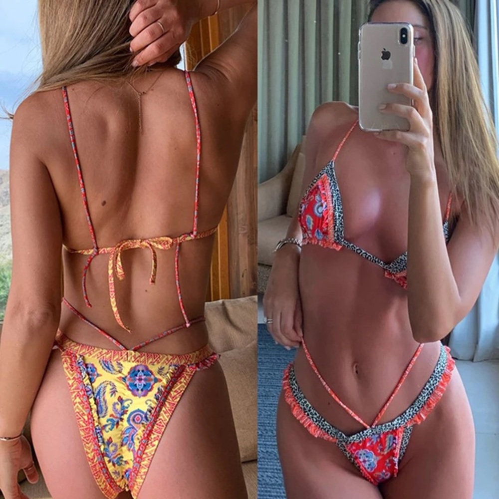 Red Thai Whispy Floral & Ruffle Brazilian Bikini - Picture 5 of 9